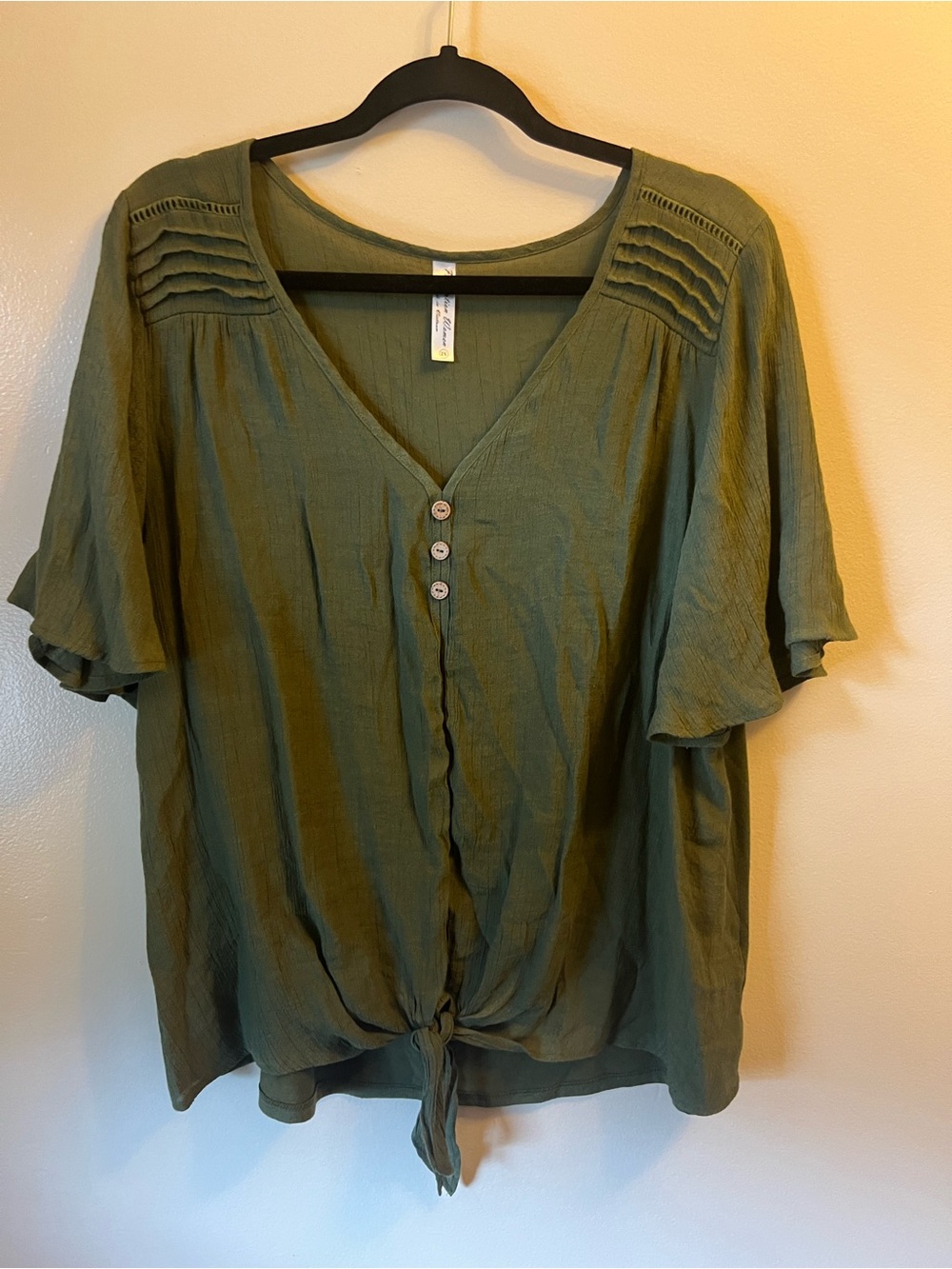 Perseption Olive Green Button-Front Tie V-Neck Blouse